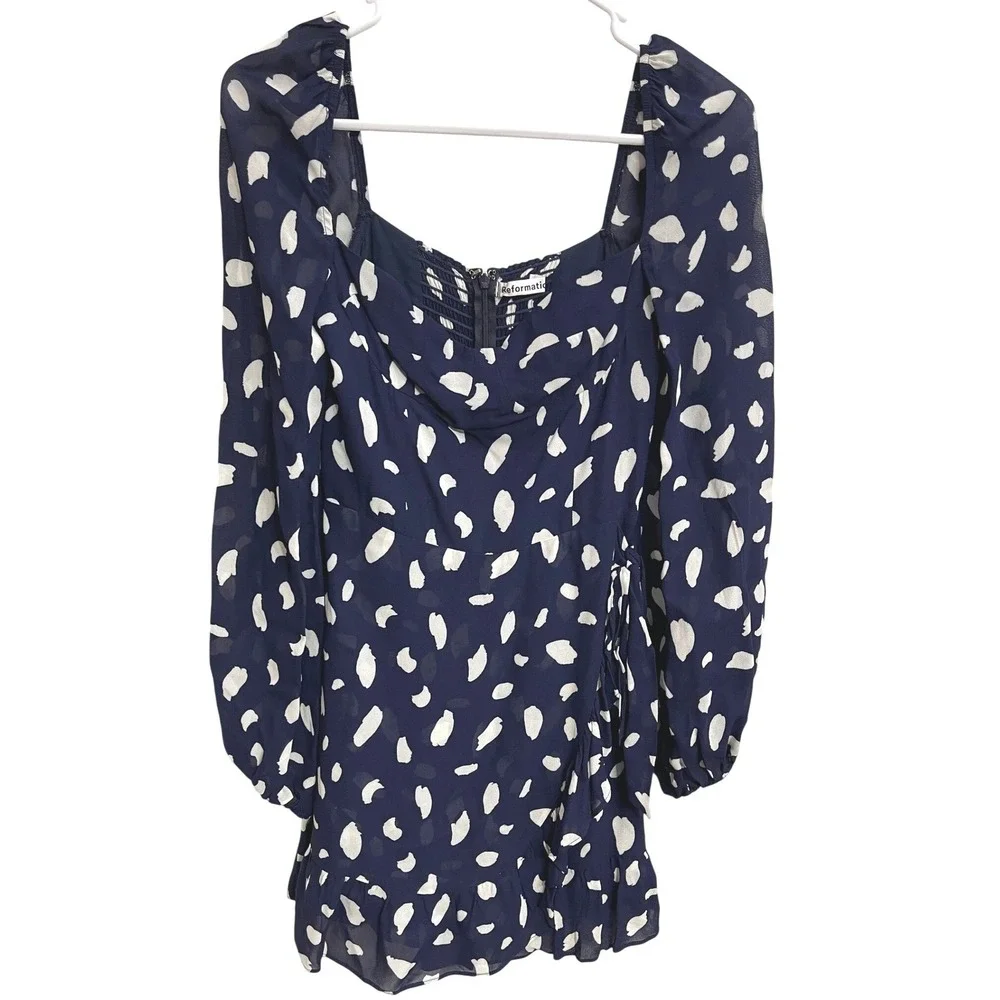 Reformation Cammi Dress Splatter Polka Dot Blue Mini Size 2 Puff Sleeve Ruffle - Picture 2 of 4